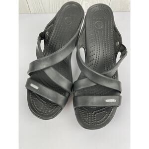 RARE Crocs Cyprus IV Black Strappy Block Heel Sandals Women's Size 10 EUC